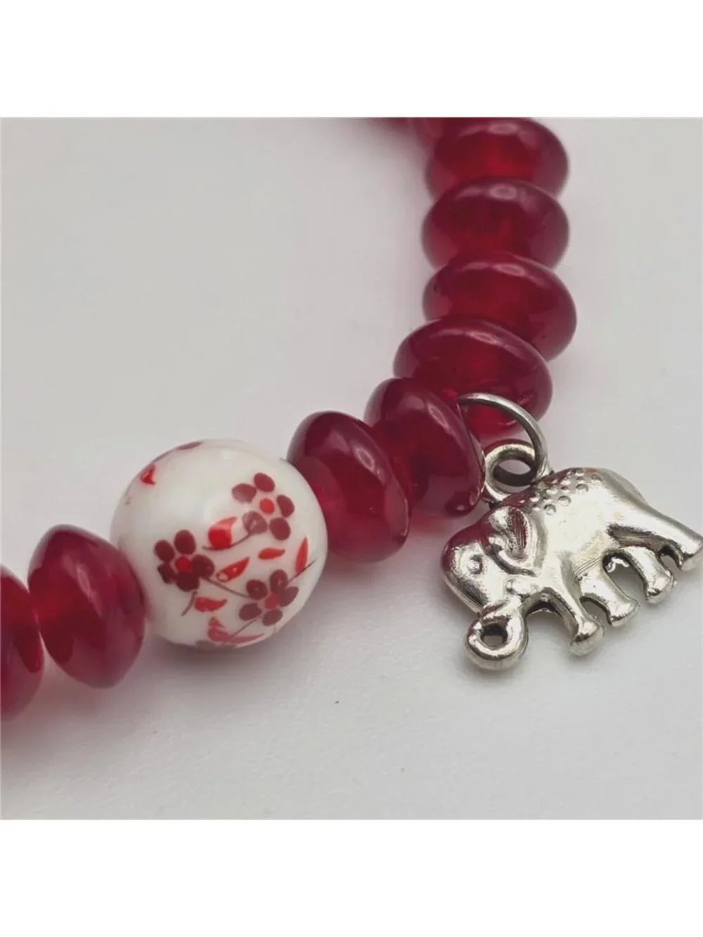 Red Glass Floral Bead Elephant Charm Stretch Bracelet 6.5 In Boho 10mm